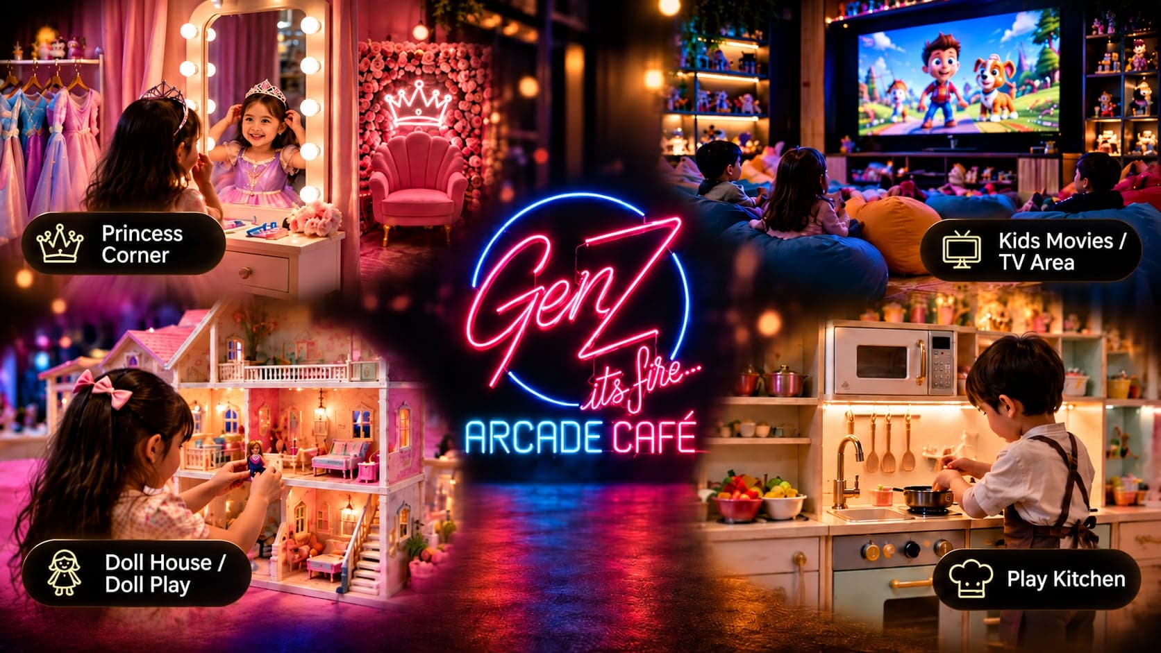 Princess Corner, kids movies, doll house and play kitchen at GenZ Arcade Café, Bilawal Chowrangi, Clifton, Karachi